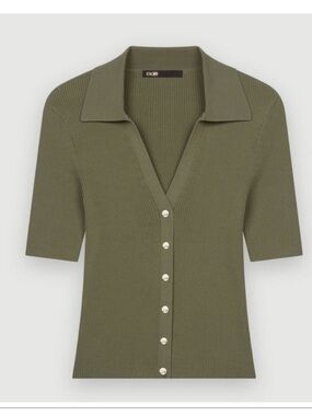 Maje Mimosally Olive Ribbed Knit Polo-Style Button Down Top Size 1 XS